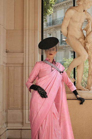 Pink Pure Satin Handloon Weaving Saree_Kumari Sarees