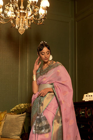 Pink Linen Copper Zari Weaving Saree_Kumari Sarees