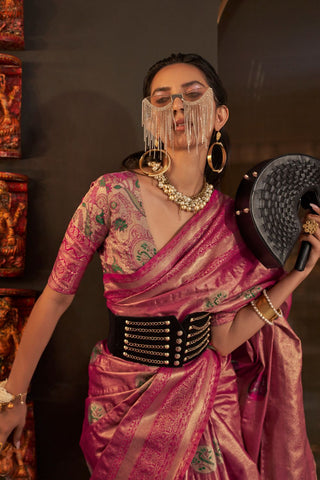 Pink Zari Base Handloom Weaving Silk Saree_Kumari Sarees