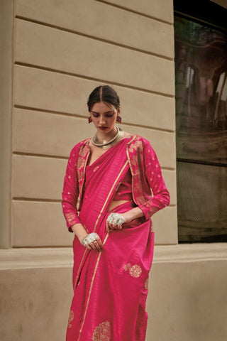 Pink Pure Satin Zari Lining Handloom Weaving Saree_Kumari Sarees