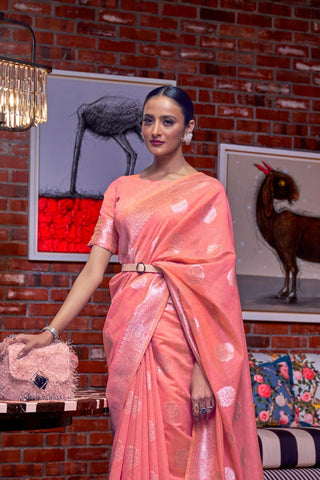 Pink Multi Pure Linen Weaving Saree_Kumari Sarees