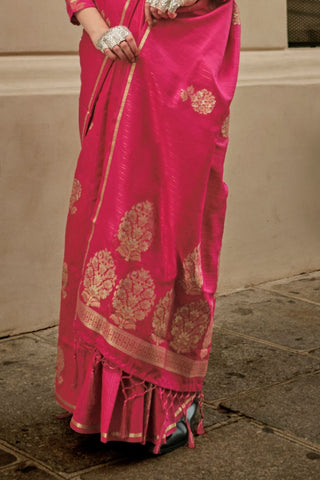 Pink Pure Satin Zari Lining Handloom Weaving Saree_Kumari Sarees