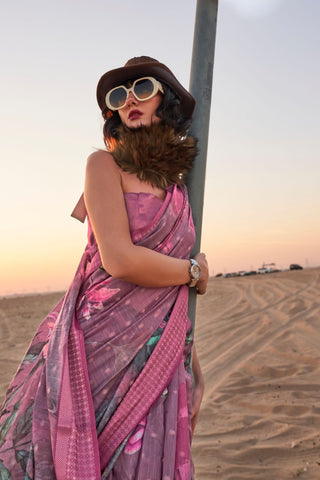 Pink Printed Handloom Linen Saree_Kumari Sarees