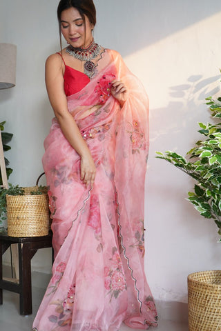 PINK ORGANZA HANDWORK DIGITAL PRINT SAREE