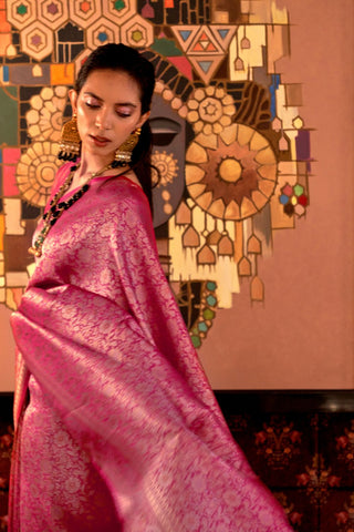 Pink Nylon Two Tone Zari Handloom Weaving Silk Saree_Kumari Sarees