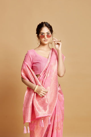 Pink Linen Chanderi Saree_Kumari Sarees