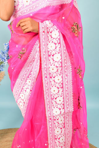 Pink Soft Organza Silk Saree_Kumari Sarees
