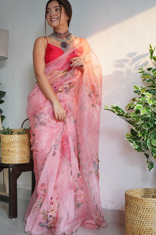 PINK ORGANZA HANDWORK DIGITAL PRINT SAREE