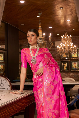 Pink Pure Satin Handloom Weaving Saree_Kumari Sarees