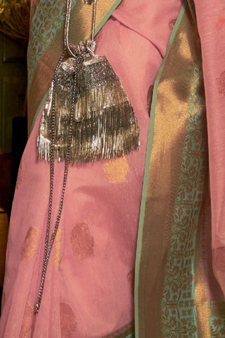 Pink Linen Copper Zari Weaving Saree_Kumari Sarees