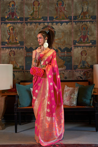 Pink Pure Satin Tanchoi Handloom Weaving Saree_Kumari Sarees
