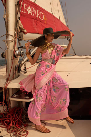 Pink Chinon Nylon Handloom Weaving Saree_kumari Sarees