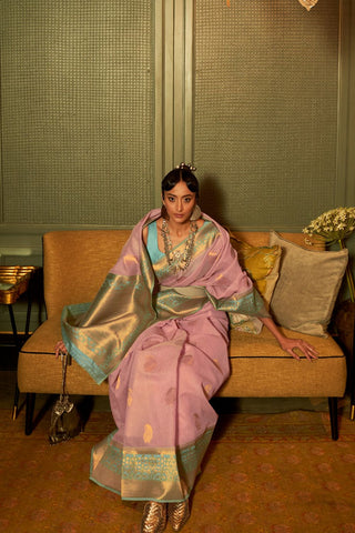Pink Linen Copper Zari Weaving Saree_Kumari Sarees