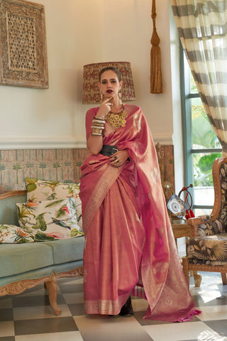 Pink Satin Tissue Nylon Handloom Weaving Saree_Kumari Sarees