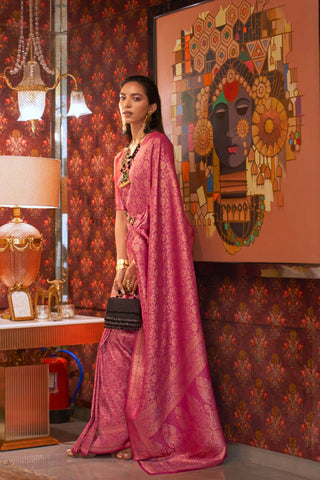 Pink Nylon Two Tone Zari Handloom Weaving Silk Saree_Kumari Sarees