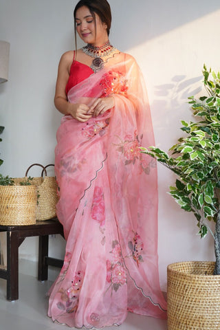 PINK ORGANZA HANDWORK DIGITAL PRINT SAREE