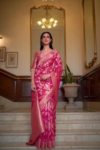 Pink Two - Tone Handloom  Organza Weaving Saree_Kumari Sarees