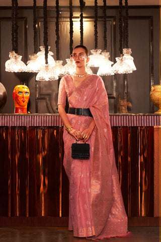 Pink Pure Linen Copper Zari Weaving Saree_Kumari Sarees