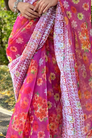 Pink Organza Embroidered Saree_Kumari Sarees