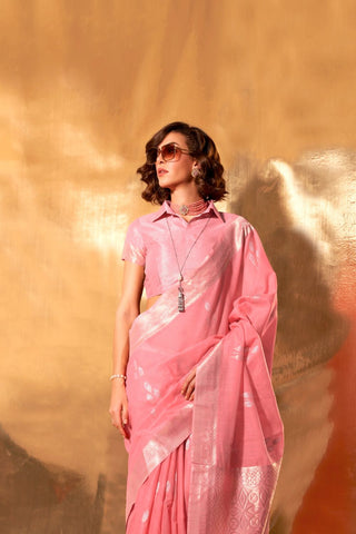 Pink Handwoven Linen Saree_Kumari Sarees