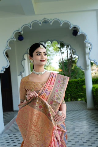 Pink Organza Leheriya Woven Saree_Kumari Sarees