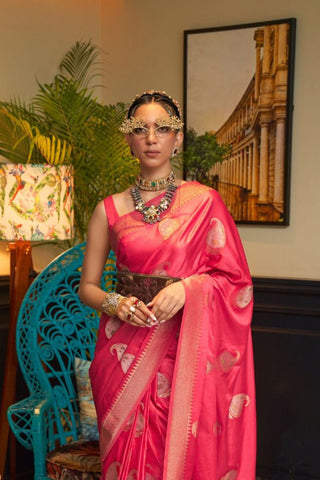 Pink Nylon Pure Satin Weaving Silk Saree_Kumari Sarees