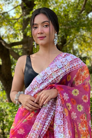 Pink Organza Embroidered Saree_Kumari Sarees