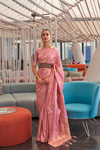 Pink Pure Satin Copper Zari  Weaving Saree_Kumai Sarees