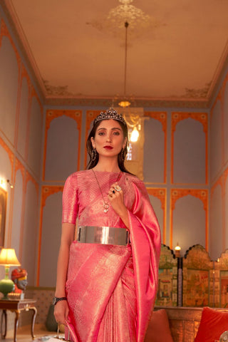 Pink Nylon Satin Weaving Saree_Kumari Sarees