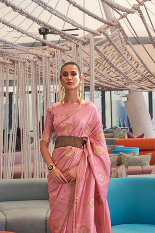 Pink Pure Satin Copper Zari  Weaving Saree_Kumai Sarees