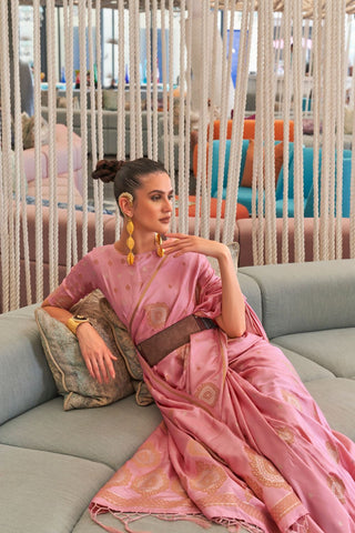 Pink Pure Satin Copper Zari  Weaving Saree_Kumai Sarees