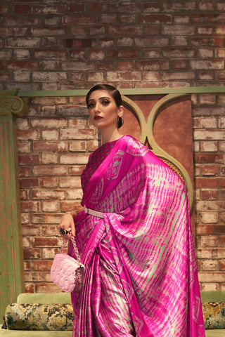Pink & White Printed Japan Satin Crepe Saree_Kumari Sarees