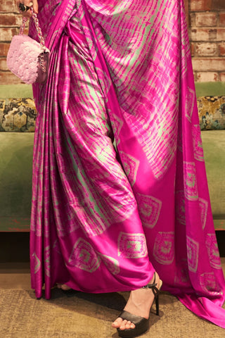 Pink & White Printed Japan Satin Crepe Saree_Kumari Sarees