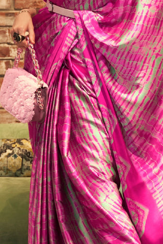 Pink & White Printed Japan Satin Crepe Saree_Kumari Sarees