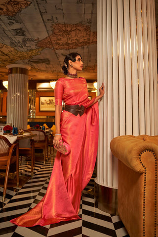 Pink Nylon Satin Copper Zari Weaving Saree