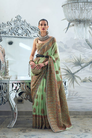 Pista Green Modal Heavy Kashmiri Handloom Weaving Saree_Kumari Sarees