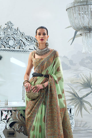 Pista Green Modal Heavy Kashmiri Handloom Weaving Saree_Kumari Sarees