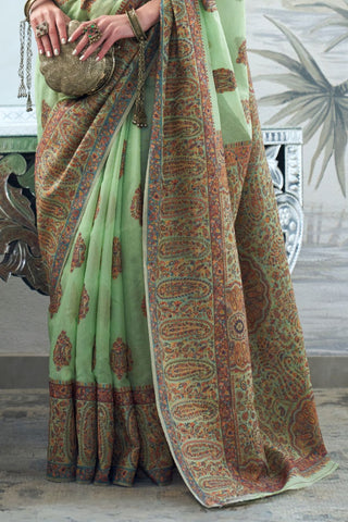 Pista Green Modal Heavy Kashmiri Handloom Weaving Saree_Kumari Sarees