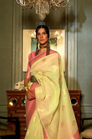Pista Green Linen Copper Zari Weaving Saree_Kumari Sarees