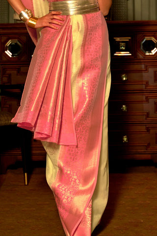 Pista Green Linen Copper Zari Weaving Saree_Kumari Sarees