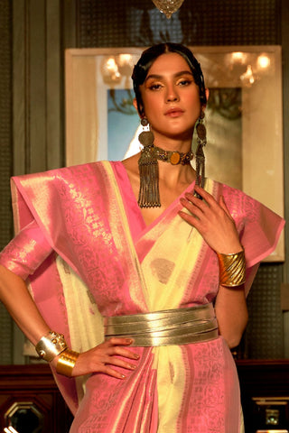 Pista Green Linen Copper Zari Weaving Saree_Kumari Sarees