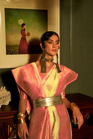 Pista Green Linen Copper Zari Weaving Saree_Kumari Sarees