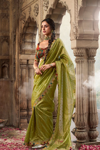 Pista Green Pure Tissue With Beaufort Multicolored Lace Saree_Kumari Srees