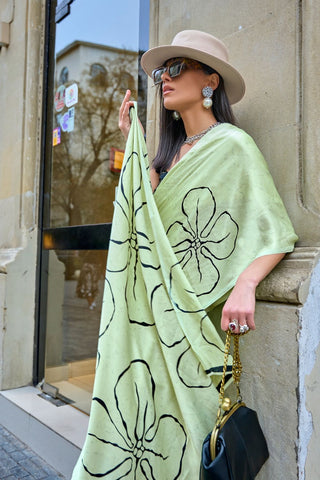 Pista & Black Japan Satin Print Saree_Kumari Sarees