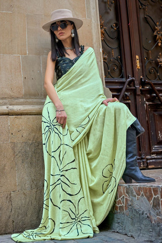 Pista & Black Japan Satin Print Saree_Kumari Sarees