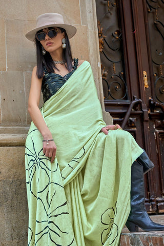 Pista & Black Japan Satin Print Saree_Kumari Sarees
