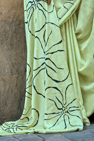 Pista & Black Japan Satin Print Saree_Kumari Sarees