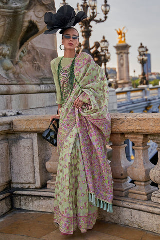 Pista Organza Parsi Handloom Weaving Saree_Kumari Sarees