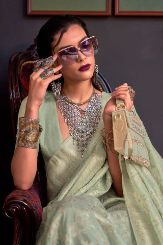 Pista Pure Katan Handloom Weaving Silk Saree_Kumari Sarees