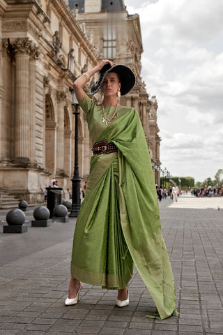 Pista Pure Satin Nylon Handloom Weaving Silk Saree_Kumari Sarees